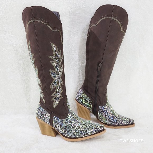 Crystal Dark Brown Multi Rhinestones Country Glam Western Cowgirl Knee Boots - Picture 9 of 17